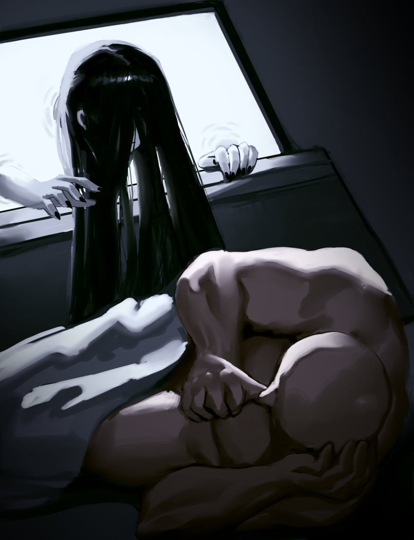 1boy 1boy1girl 1girls black_hair black_nails coming_out_of_screen coming_out_of_tv moe_code muscular_male sadako_yamamura sleeping the_ring yamamura_sadako