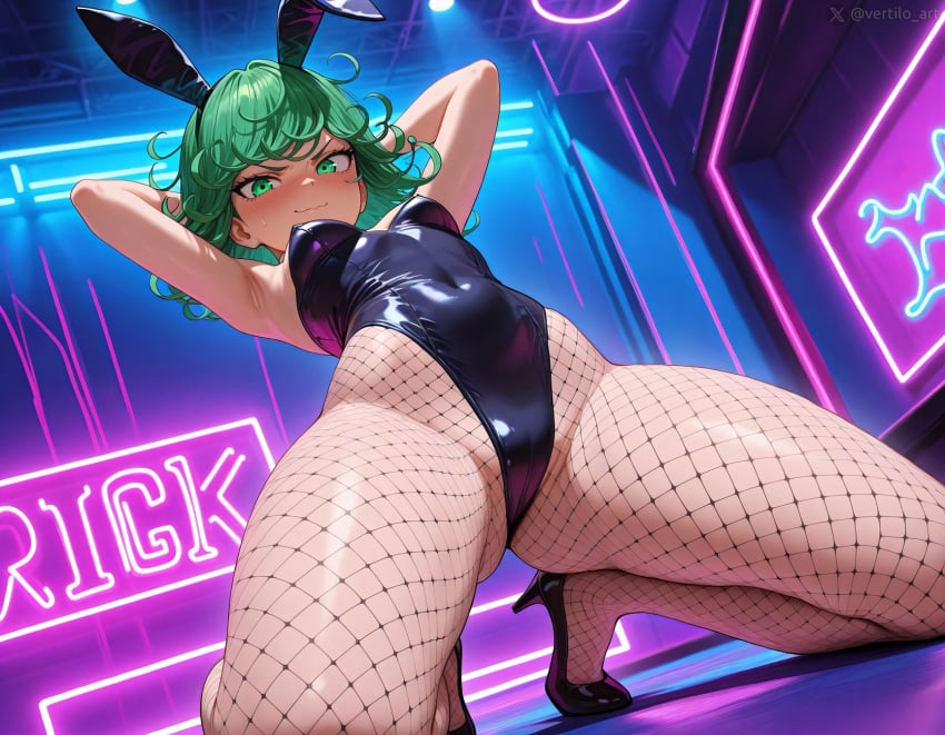 1girls ai_generated arms_behind_head embarrassed fishnet_pantyhose fishnets high_heels kneeling leotard one-punch_man playboy_bunny small_breasts solo tatsumaki vertiloart