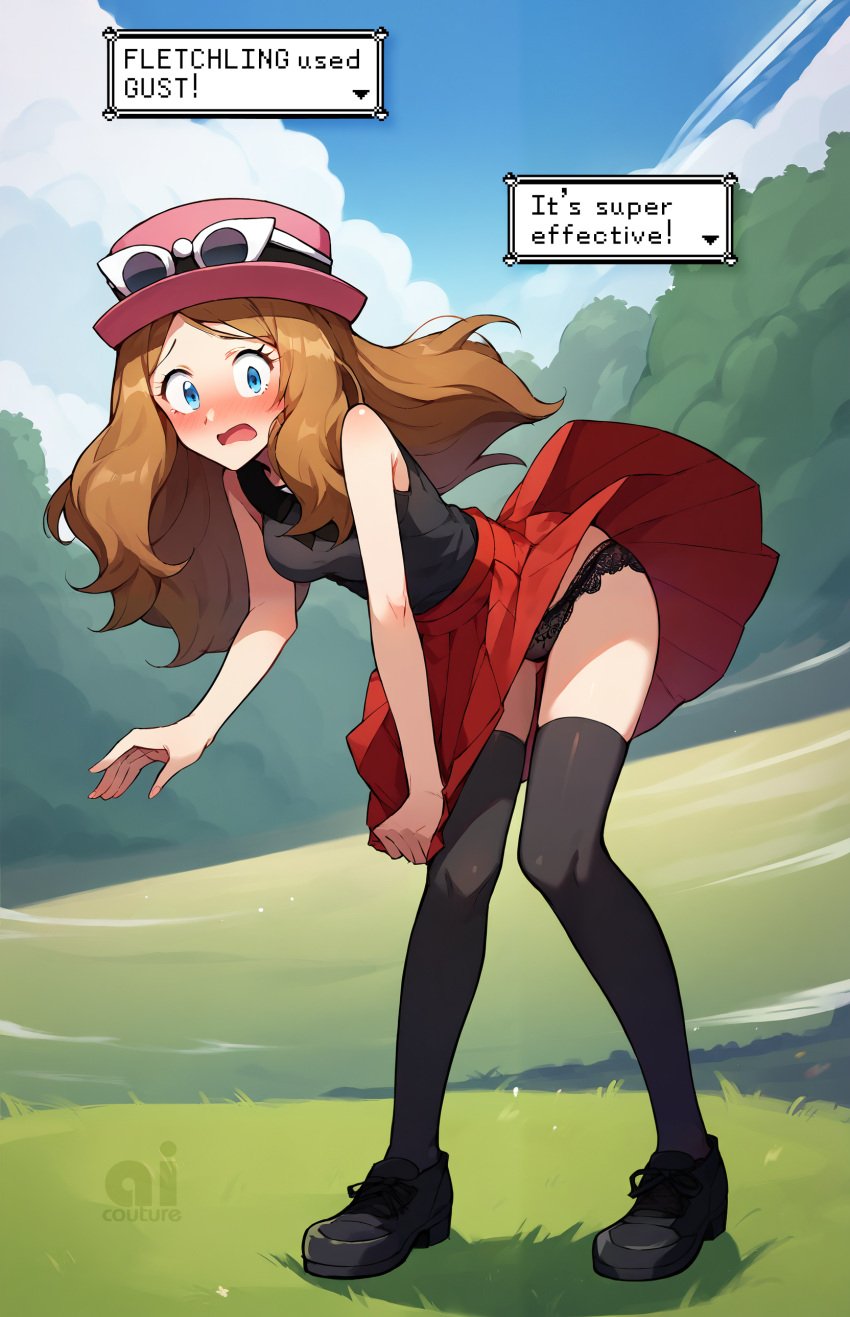 accidental_exposure ai_couture ai_generated black_panties blue_eyes blush brown_hair embarrassed exposed_panties female female_focus female_only game_freak hat knees_together_feet_apart light_brown_hair nintendo open_mouth pokemon pokemon_xy serena_(pokemon) skirt_tug solo surprised surprised_expression upskirt wind wind_lift