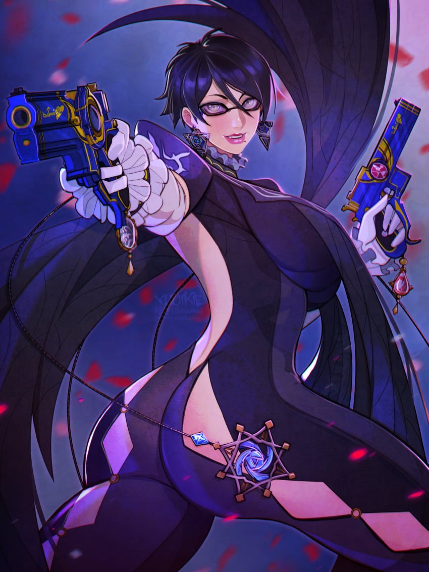 1girls absurdres bayonetta bayonetta_(character) bayonetta_(series) bayonetta_2 black_hair commentary dual_wielding earrings female glasses gloves gun highres holding holding_gun holding_weapon jewelry mole mole_under_mouth short_hair solo weapon xuuikie_ashe