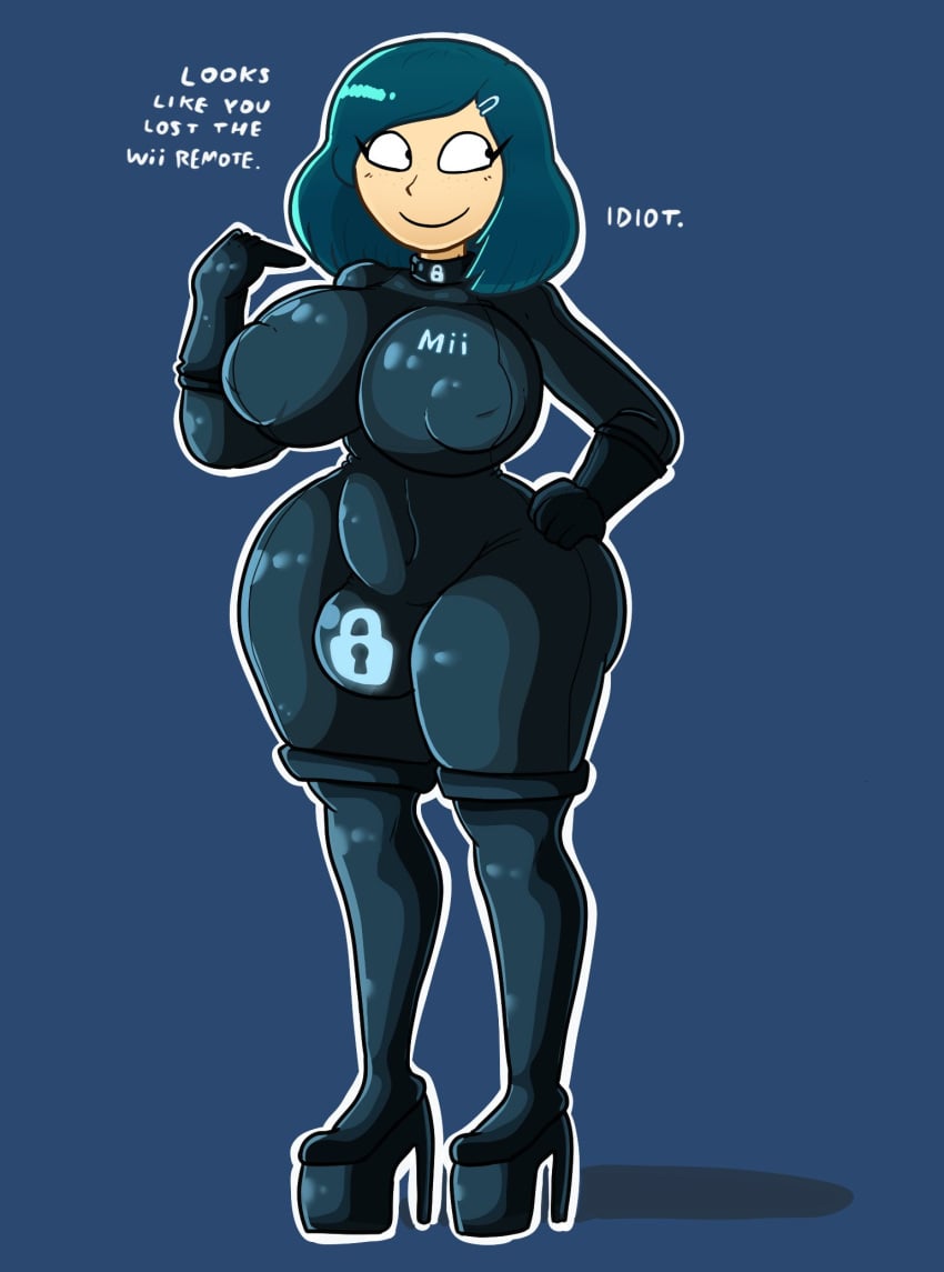 1futa big_breasts blue_background blue_hair boots breasts clothed clothing collar colored dialogue full_body fully_clothed futa_only futanari glowing_clothes heels high_heels latex_clothing latex_suit light_skin lock_bulge lock_symbol mii nintendo nipple_bulge no_sex null_bulge shaded short_hair simple_background sodafreak solid_color_background solo standing text thick_thighs white_outline wide_hips