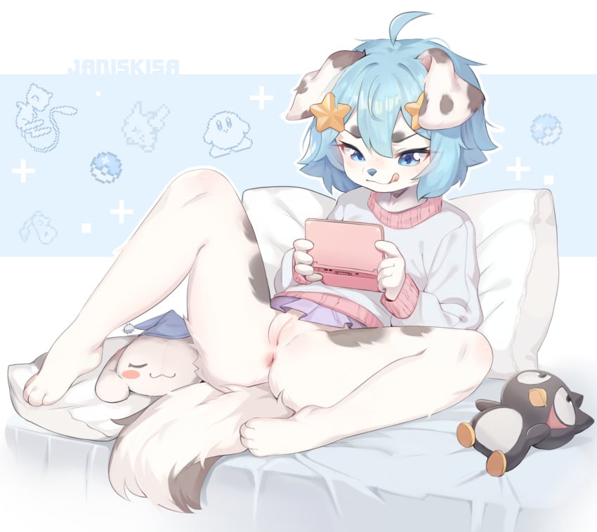 anthro anus ass badtz-maru bent_legs blue_eyes blue_hair blush bottomwear canid canine canis cinnamon_(cinnamoroll) cinnamoroll clothed clothing concentration dalmatian digital_media_(artwork) domestic_dog feet female fingers floppy_ears fluffy fluffy_tail fur genitals hair hello_kitty_(series) hi_res holding_object hoshimi_(kurarifox) humanoid_genitalia janiskisa kirby_(series) lagomorph lop_ears lying mammal markings narrowed_eyes nintendo nintendo_3ds nintendo_ds nintendo_ds_family nude paws pillow pink_anus pink_pussy plushie pokeball pokemon pussy sanrio shirt short_hair simple_background skirt skirt_removed smile solo spots spotted_body spotted_fur spotted_markings spread_legs spreading stars_in_hair tail tongue tongue_out topwear toy white_body white_fur