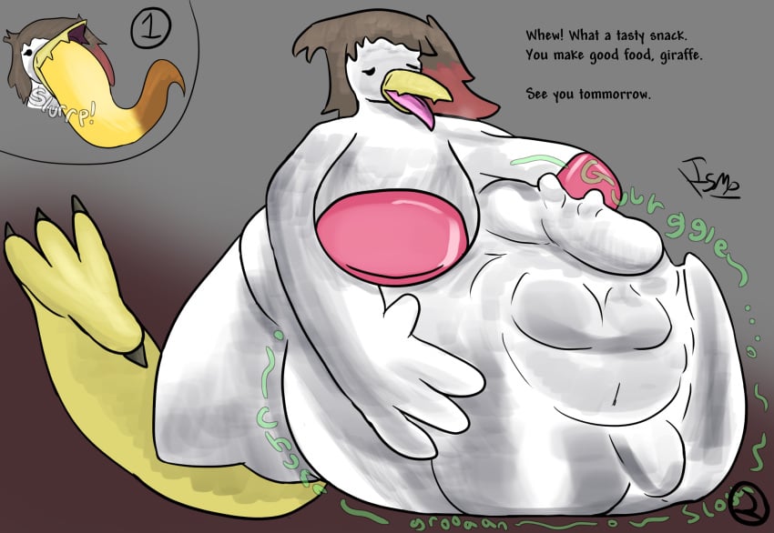 anthro avian beak belly big_belly bird breath charlotte_(ishitmypants) chicken cutaway dialogue different_sound_effects digestion_noises duo feet female futanari galliform gallus_(genus) giraffe giraffid gynomorph hand_on_belly head_first hi_res intersex inverted_nipples ishitmypants lizard_tail mammal nipples open_mouth oral_vore pengu_(ishitmypants) phasianid shaded slurping solo_focus sound_effects talons toes tongue tongue_out trans_(lore) trans_woman_(lore) vore
