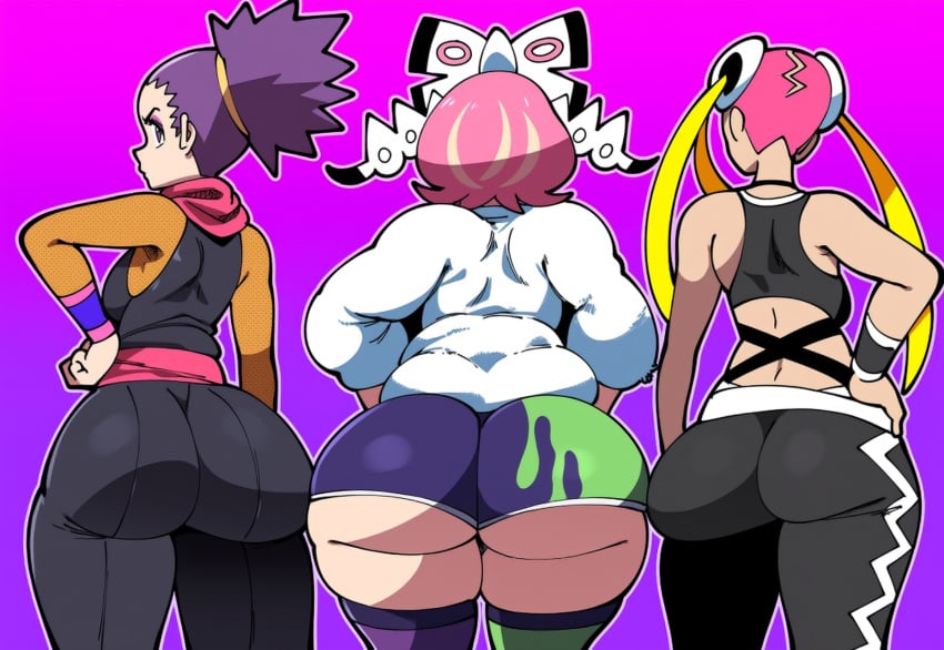 3girls ai_generated ass-to-ass big_ass bubble_butt dat_ass huge_ass janine_(pokemon) klara_(pokemon) mullon novelai plumeria_(pokemon) pokemon pokemon_gsc pokemon_hgss pokemon_sm pokemon_ss trait_connection trio