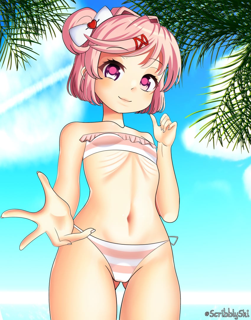 1female 1girls 5_fingers artist_name doki_doki_literature_club female_focus natsuki_(doki_doki_literature_club) navel pink_eyes pink_hair ribs scribblysuki skinny skinny_female skinny_girl solo_focus twitter_username