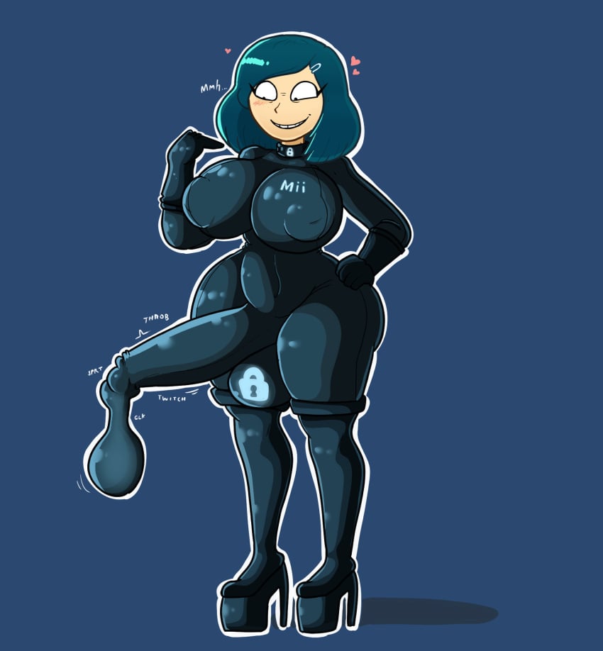 1futa 1futanari big_breasts big_penis blue_background blue_hair boots clothed collar colored condom_suit cum cum_in_suit cumming erect_penis erection erection_under_clothes fully_clothed futa_only futanari glowing_clothes grinning heart_symbol heels high_heels huge_cock latex_clothing latex_suit light_skin lock_bulge lock_symbol looking_at_penis mii moaning nipple_bulge no_sex penis_bigger_than_head penis_through_clothing shaded simple_background smiling sodafreak solid_color_background solo text throbbing_penis twitching_penis white_outline