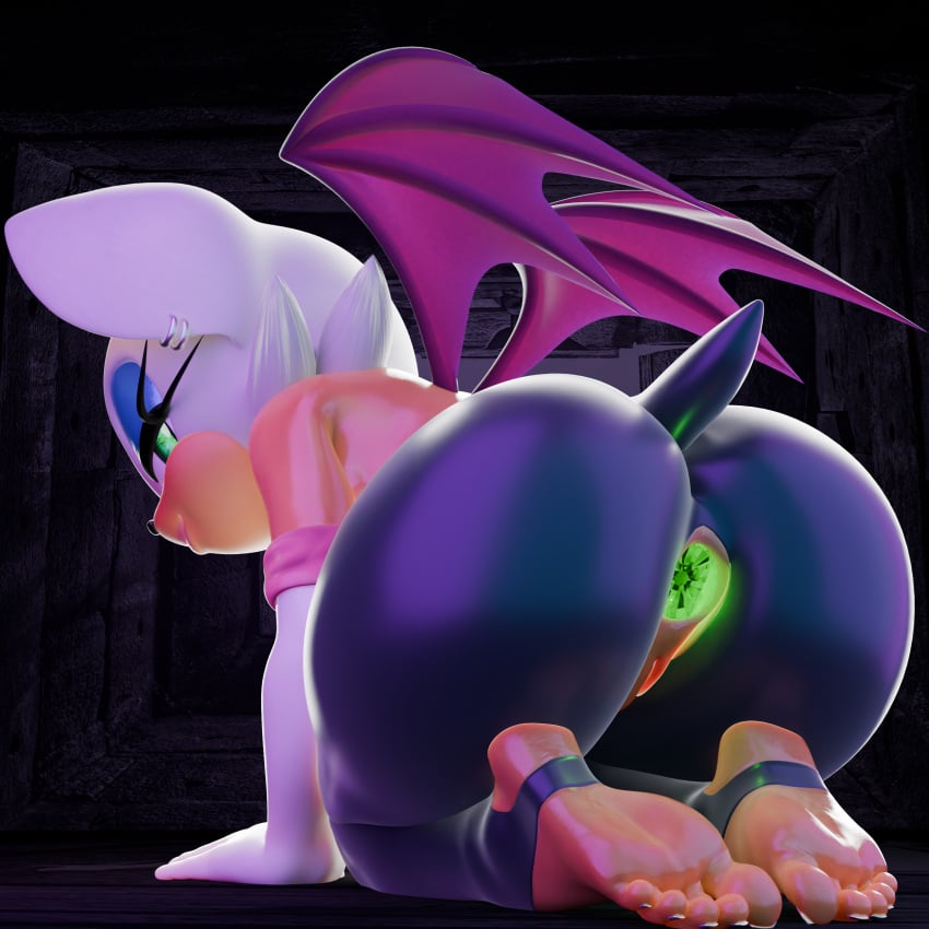 1:1 3d 3d_model 5_toes absurd_res anthro are ass bat bedroom_eyes bent_over big_butt chaos_emerald clothed clothing digital_media_(artwork) ear_piercing ear_ring feet female gem genitals glistening glistening_body green_eyes hi_res humanoid_feet kneeling looking_at_viewer mammal membrane_(anatomy) membranous_wings mobian mobian_(species) mobian_bat nails narrowed_eyes nottanj object_in_ass piercing plantigrade pussy rear_view ring_piercing rouge_the_bat rouge_the_bat_(nottanj) seductive sega shimshimakaze short_stack smile soles solo sonic_(series) sonic_adventure_2 sonic_the_hedgehog_(series) stirrup_legwear tail thick_thighs toenails toes torn_clothes torn_clothing wings