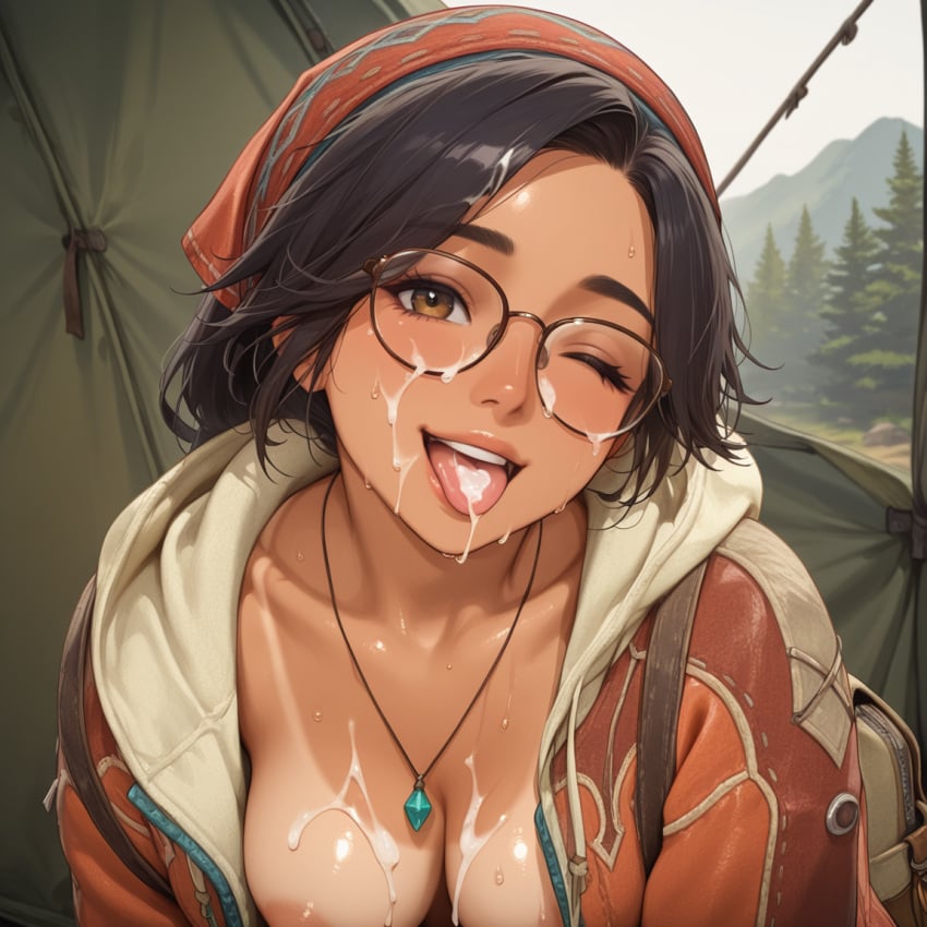 ai_generated alma_(monster_hunter_wilds) c.c.leah cum_on_face exposed_breasts facial glasses monster_hunter monster_hunter_wilds selfie topless