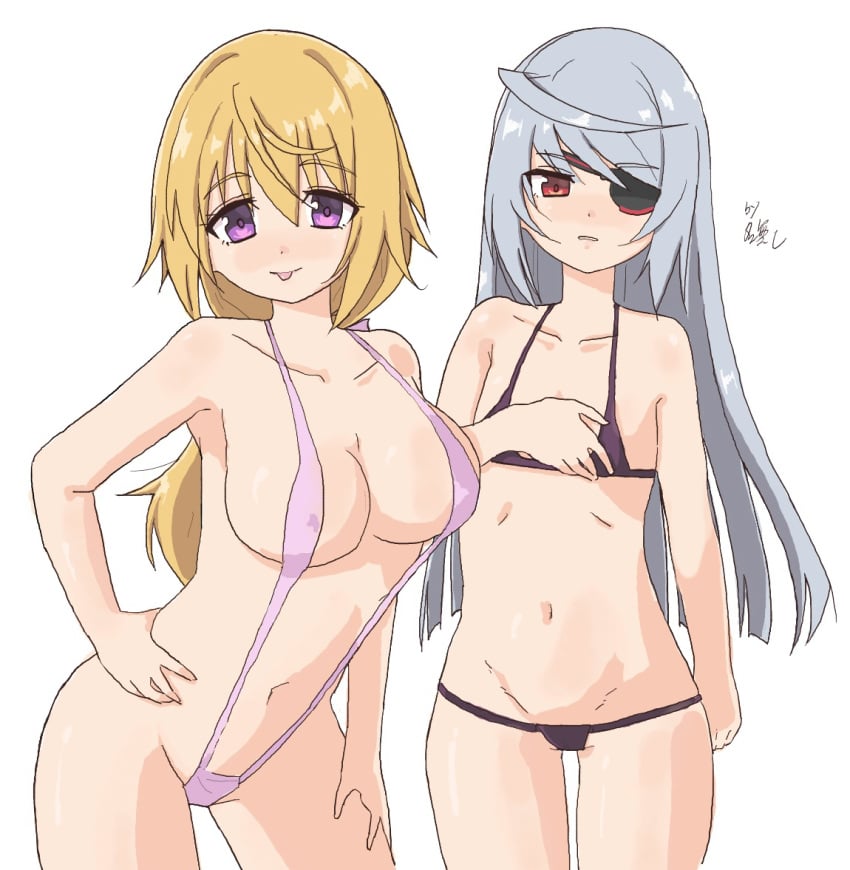 2girls big_breasts bikini black_bikini blonde_hair blush breasts busty charlotte_dunois cleavage confident covered_nipples erect_nipples_under_clothes eyepatch female female_only grey_hair hand_on_hip hand_on_leg hand_on_own_leg hand_on_own_thigh hand_on_thigh highres infinite_stratos large_breasts laura_bodewig leaning_forward legs long_hair multiple_girls navel oekaki parted_lips pink_bikini pose posing purple_eyes red_eyes sensual sideboob sling_bikini slingshot_swimsuit small_breasts smile swimsuit thighs tongue tongue_out