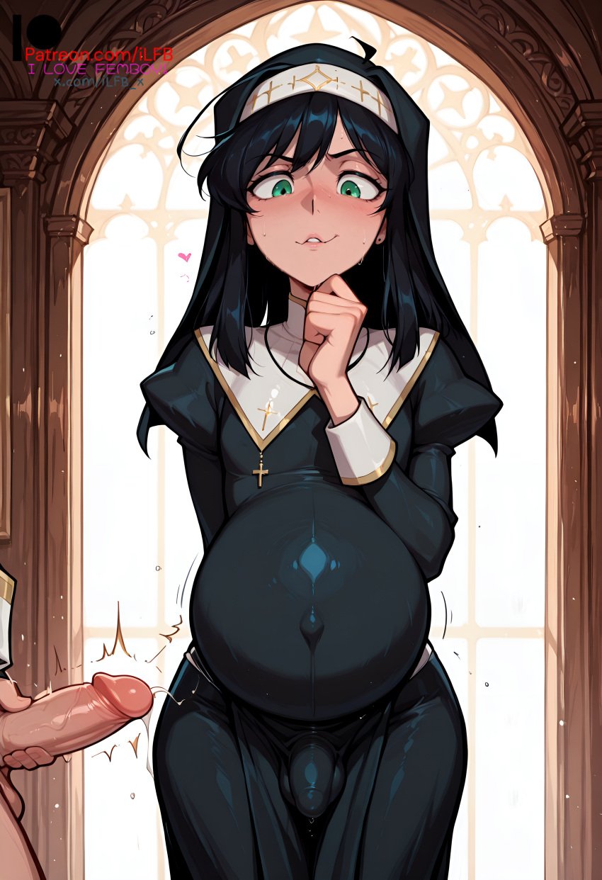 ai_generated balls black_hair bulge faceless_male femboy flat_chest green_eyes handjob ilfb male_pregnancy nun pregnancy pregnant pregnant_belly pregnant_male standing sweat