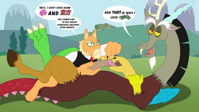 2boy anthro canid canine cock cosplay crossover dialog discord_(mlp) draconequus dracovar_valeford duo edit english_text erection friendship_is_magic interspecies jackal jackalman logo lying male male_only mammal multiple_males my_little_pony on_back outside penis penis_grab retracted_foreskin rule34 rule_34_(paheal) rumia size_difference speech_balloon straight_hair text thundercats toony uncut yaoi