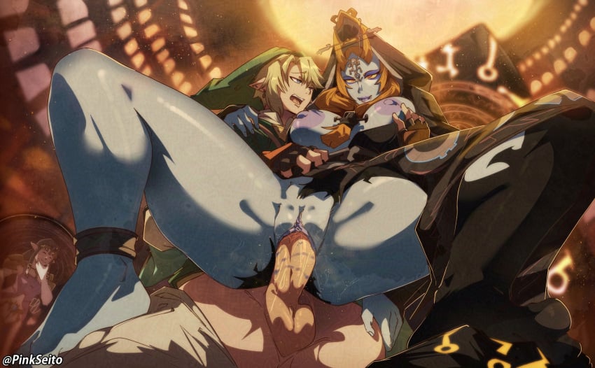 1boy 1boy1girl 2girls big_breasts big_penis blonde_hair blue-skinned_female blue_skin breasts character_in_background clothed_sex colored_sclera colored_skin front_ponytail highres interspecies link link_(twilight_princess) long_hair makeup midna midna_(true) multicolored_skin multiple_girls nipples orange_hair orphen_(pink_seito) penis penis_in_pussy pointy_ears princess_zelda purple_nipples pussy red_eyes reverse_upright_straddle sex spread_legs standing standing_sex straddling straight the_legend_of_zelda the_legend_of_zelda:_twilight_princess twili_midna twilight_princess uncensored vaginal_penetration yellow_sclera zelda_(twilight_princess)