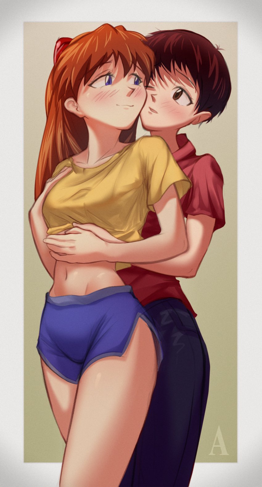 1boy 1girls asuka_langley_sohryu blush breasts brown_eyes brown_hair cheek-to-cheek clothes_lift female flirting half-closed_eyes hand_on_another's_stomach hand_on_own_stomach heads_together highres hug hug_from_behind legs long_hair looking_at_another male medium_breasts navel neon_genesis_evangelion one_eye_closed orange_hair pants shinji_ikari shirt shirt_lift short_hair smile thighs twintails wholesome