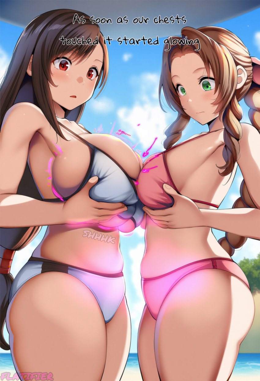 aerith_gainsborough ai_generated beach big_ass bikini breast_expansion breast_reduction final_fantasy final_fantasy_vii flatifier huge_breasts small_breasts tifa_lockhart