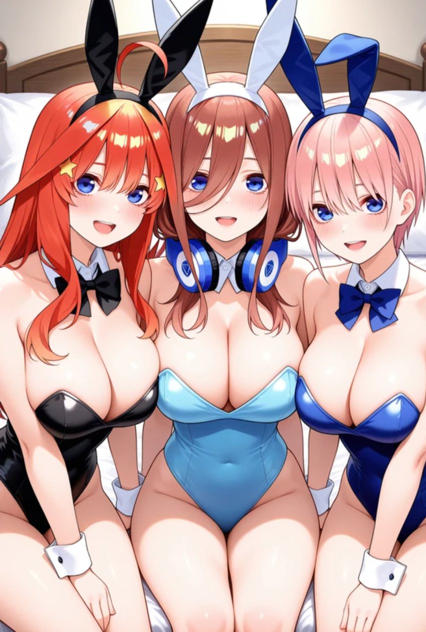 ai_generated blue_eyes blush bunny_ears bunny_girl bunnysuit go-toubun_no_hanayome nakano_ichika nakano_itsuki nakano_miku pink_hair red_hair sisters sitting smile