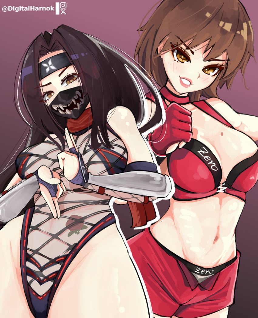 2girls benikage black_hair bloody_shadow brown_hair female female_focus female_only female_wrestler harnok human ninja ninja_girl ninja_headband ninja_mask reiko_hinomoto rumble_roses skimpy skimpy_clothes tattoo wrestler_costume wrestling wrestling_briefs wrestling_mask wrestling_outfit