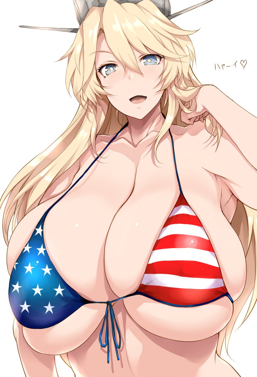 1girls absurdres american_flag american_flag_bikini american_flag_print bikini blonde_hair blue_eyes breasts breasts_day commentary_request female flag_print front-tie_bikini front-tie_bikini_top front-tie_top good_breasts_day headgear highres huge_breasts iowa_(kantai_collection) kantai_collection long_hair print_bikini simple_background solo star-shaped_pupils star_(symbol) swimsuit symbol-shaped_pupils translated tsukasawa_takamatsu undersized_clothes upper_body white_background