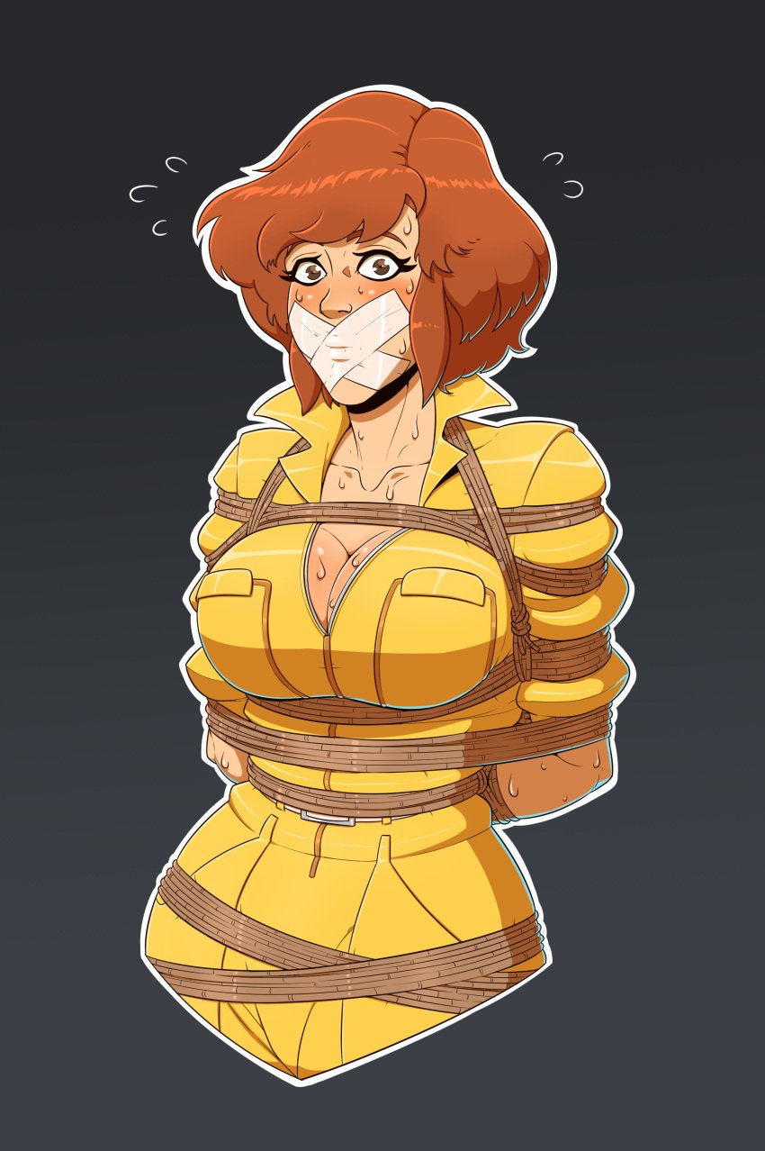 2d 2d_(artwork) april_o'neil arms_behind_back big_breasts blush cleavage female female_focus female_only gag gagged human human_only jumpsuit light-skinned_female light_skin looking_at_viewer orange_hair rope rope_bondage skelebomb solo solo_female solo_focus tape_gag taped_mouth teenage_mutant_ninja_turtles yellow_jumpsuit