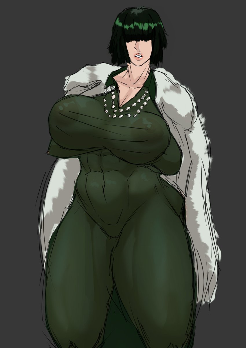 ass_visible_from_the_front barthone fubuki_(one-punch_man) fur_coat green_hair huge_breasts kunaboto_(style) large_breasts muscular_female one-punch_man see-through see-through_clothing see-through_dress see_through_clothing thick_thighs wide_hips