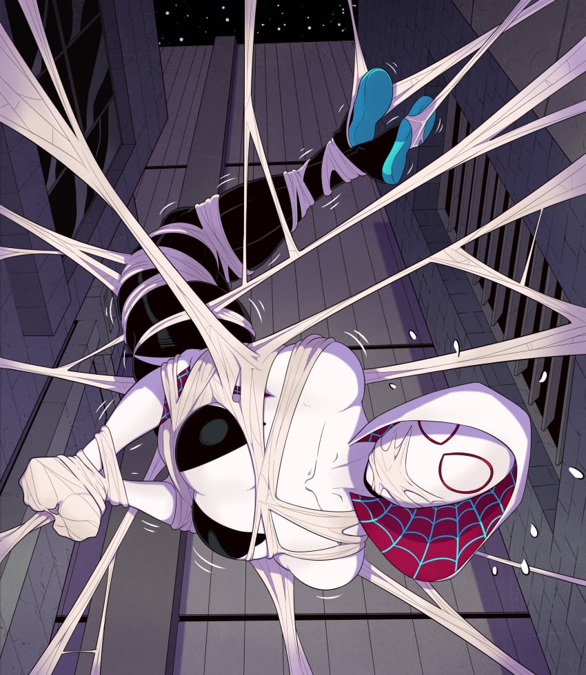 2d 2d_(artwork) bondage bound female female_focus female_only gwen_stacy gwen_stacy_(spider-verse) human human_only marvel mask masked masked_female skelebomb spider-gwen spider-man:_across_the_spider-verse spider-man:_into_the_spider-verse spider-man_(series) web_bondage webbed