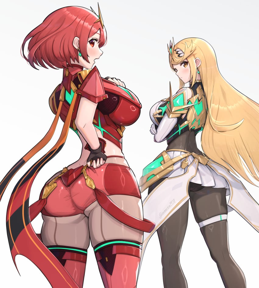 2girls absurdres arm_guards armor bare_shoulders blonde_hair blush bob_cut breasts chest_jewel dress earrings elbow_gloves fingerless_gloves floating_earring gloves gonzarez headpiece highres jewelry large_breasts long_hair looking_back microdress multiple_girls mythra mythra_(xenoblade) pantyhose pantyhose_under_shorts pyra pyra_(xenoblade) red_eyes red_hair red_shorts red_thighhighs short_dress short_hair short_shorts shorts shoulder_armor simple_background sleeveless sleeveless_dress super_smash_bros. suspenders swept_bangs thigh_strap thighhighs thighhighs_over_pantyhose tiara white_background white_dress xenoblade_chronicles_(series) xenoblade_chronicles_2