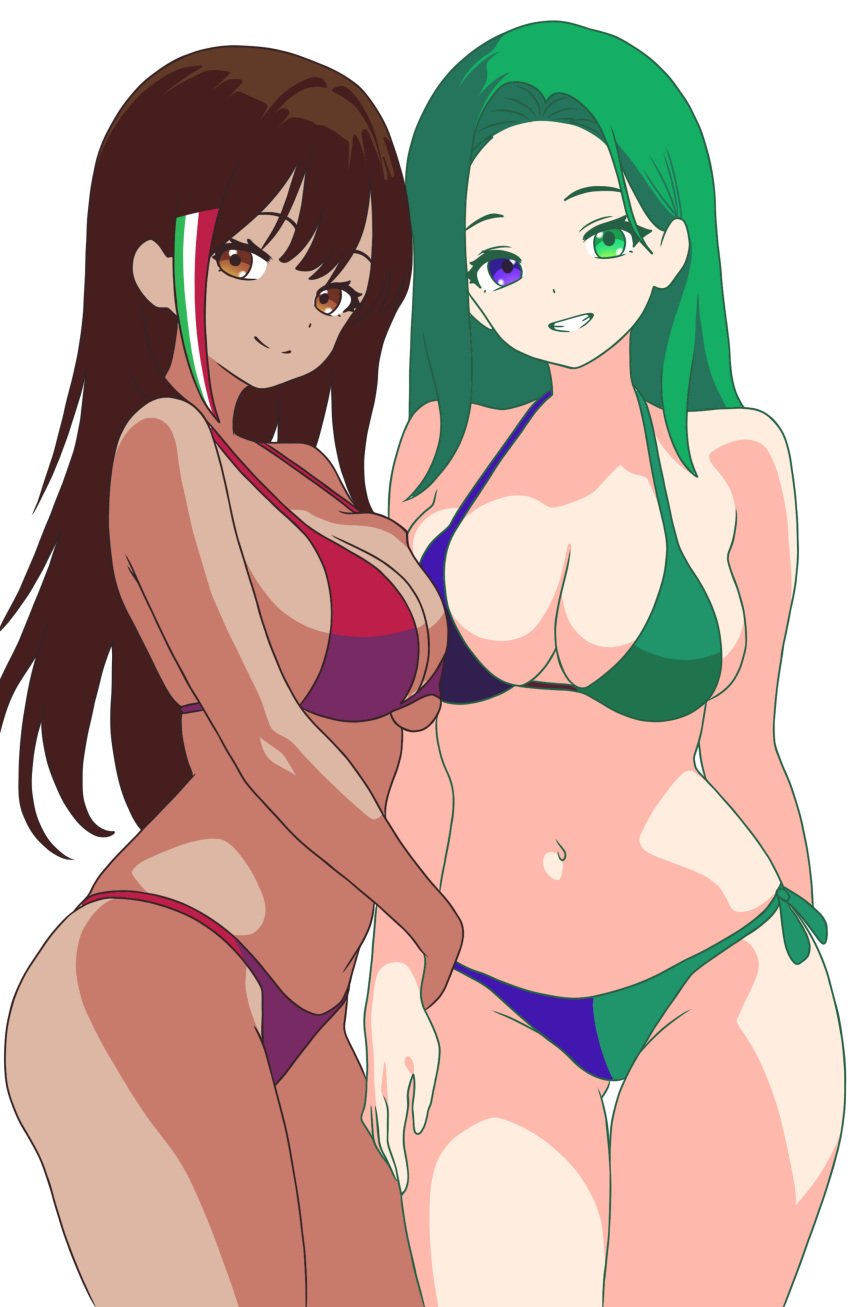 2girls almost_naked bikini brown_eyes brown_hair brown_skin chilo_chan chilo_sports green_hair heterochromia kopi_chan looking_at_viewer mexican_female smile white_skin