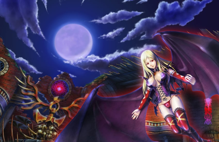 1girls annette_(castlevania) annette_renard bad_end bat_wings blonde_hair cameltoe castlevania castlevania:_dracula_x_chronicles castlevania_dracula_x_chronicles corset deep_navel demon demon_girl demon_wings detached_sleeves female female_only highres konami long_hair muchousha night nipples nipples_visible_through_clothing official_alternate_costume pussy pussy_peek red_eyes red_panties solo solo_female stockings succubus thigh_highs thighhighs thighs uncensored vagina vagina_visible_through_clothing wings