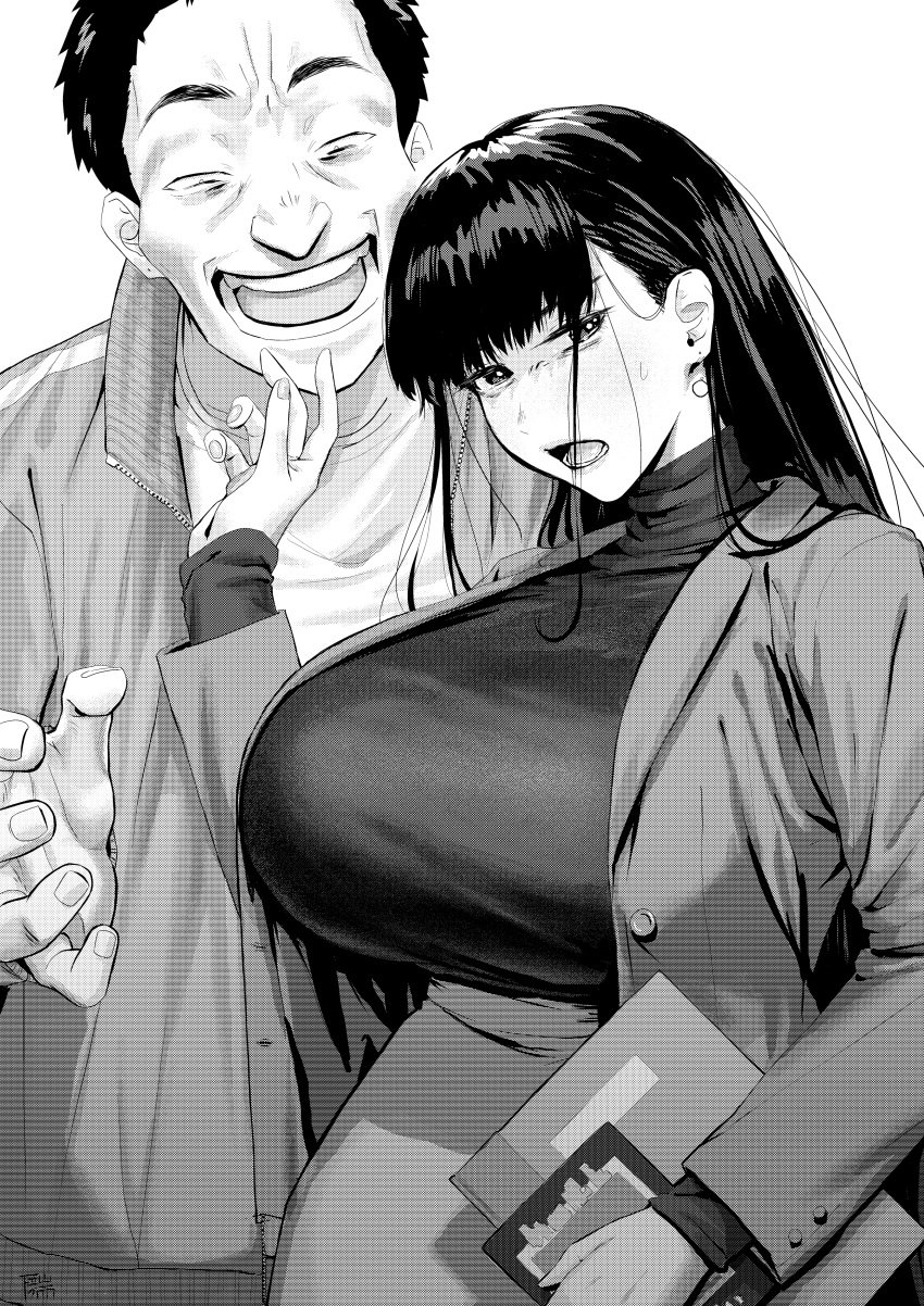 1boy 1boy1girl 1girls 2d angry annoyed big_breasts breasts business_suit business_woman female_teacher large_breasts long_hair looking_at_viewer looking_away male_teacher monochrome no_sex original original_characters sexual_harassment shitappa0120 suit suit_jacket sweat sweatdrop teacher turtleneck turtleneck_sweater uncomfortable