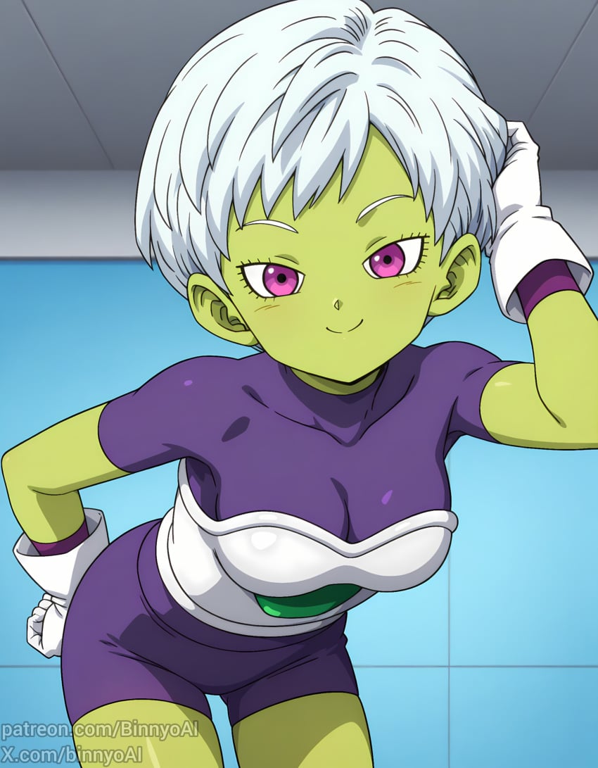 ai_generated breasts cheelai colored dragon_ball dragon_ball_super dragon_ball_super_broly female green_skin happy large_breasts nipplee pink_eyes skin smile white_hair