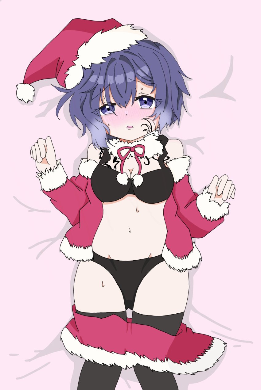 1girls blush bra breasts christmas d4dj demodemo flustered lying_on_back on_bed partially_clothed revealing_clothes santa_hat skirt skirt_down sophia_(d4dj) stockings sweat tattoo thick_thighs underwear