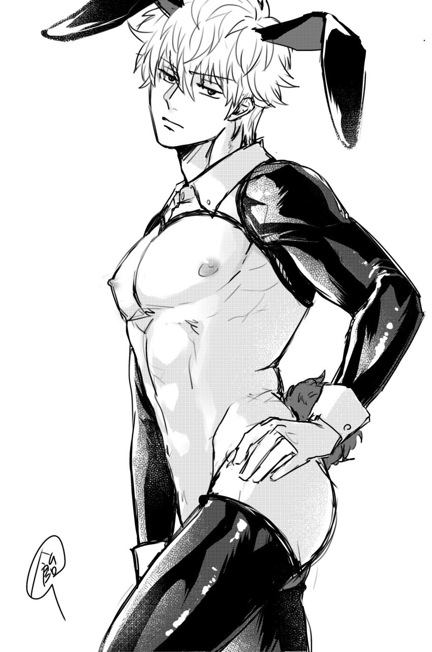 alternate_costume ameyasorajiro big_pecs bunny_boy bunny_ears bunny_tail frown gintama gintoki_sakata halftone hand_on_hip looking_at_viewer male male_only male_playboy_bunny monochrome nipples pecs reverse_bunnysuit screentone solo toned toned_male