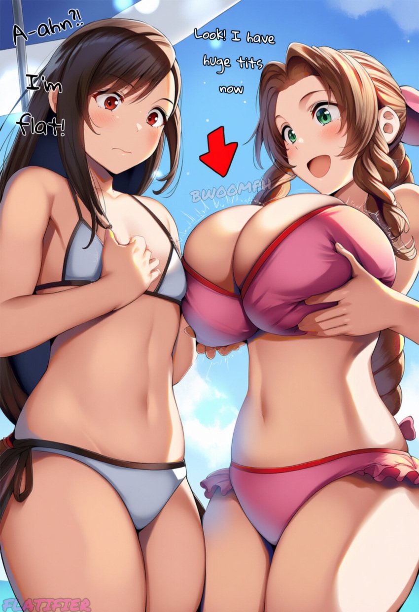 aerith_gainsborough ai_generated beach big_ass bikini breast_expansion breast_reduction final_fantasy final_fantasy_vii flat_chest flat_chested flatifier huge_breasts small_breasts tifa_lockhart