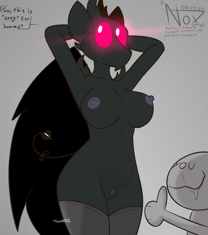 absurd_res anon anthro antlers areola big_breasts black_body bodily_fluids breasts chari_(tleatlnox59) clitoral_hood clitoris clothing deer demon drooling duo female genitals glowing glowing_eyes hands_behind_head hi_res horn legwear mammal membrane_(anatomy) membranous_wings navel nude pink_eyes purple_areola purple_pussy pussy raised_arms saliva simple_background speech_bubble tail text thigh_highs tleatlnox59 wings
