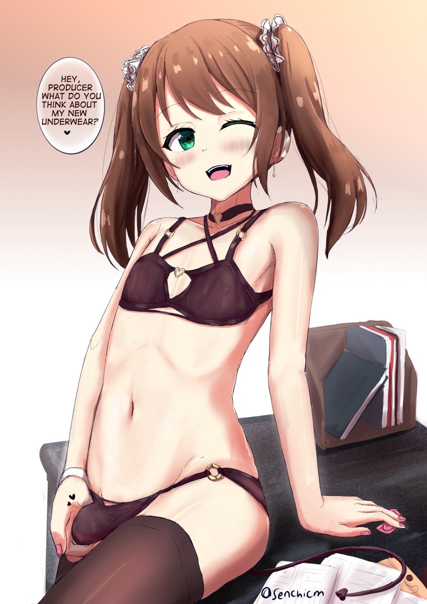 1boy 2022 book bra brown_hair bulge choker crossdressing dialogue femboy girly green_eyes idolmaster_side-m male_only mizushima_saki panties pink_nails senchimee stockings tagme trap twintails