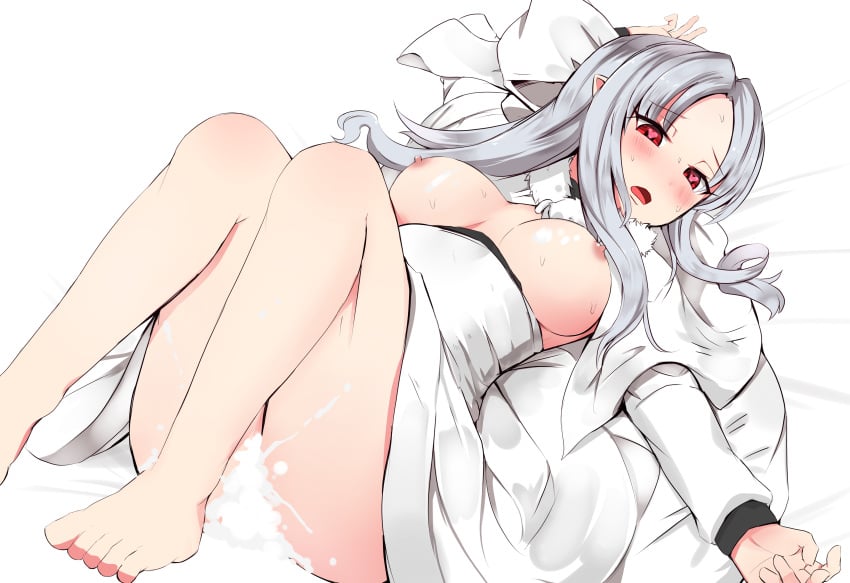 absurd_res after_sex barefoot big_breasts blush breasts_out capelet cum_in_pussy cum_inside excessive_cum female female_only grey_hair heart-shaped_pupils hi_res legs_up light_skin long_sleeves looking_at_viewer melty_blood no_bra on_back on_bed open_mouth pointy_ears red_eyes solo sweat tsukihime type-moon very_high_resolution white_dress white_hair white_len