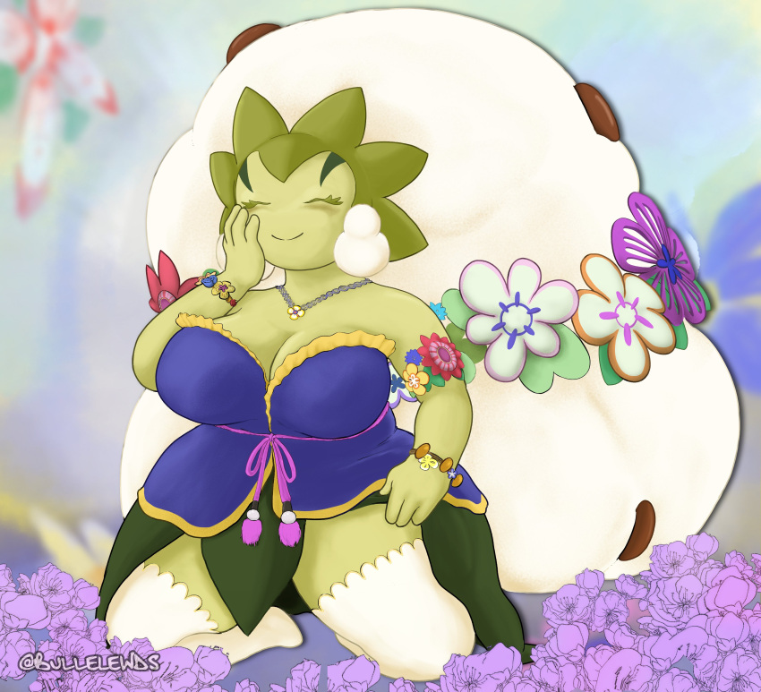 alternate_costume big_breasts bullelewds chubby eldegoss flower flower_in_hair grass_type plant_girl pokémon_(species) pokemon pokemon_ss pokemon_unite thick thick_thighs