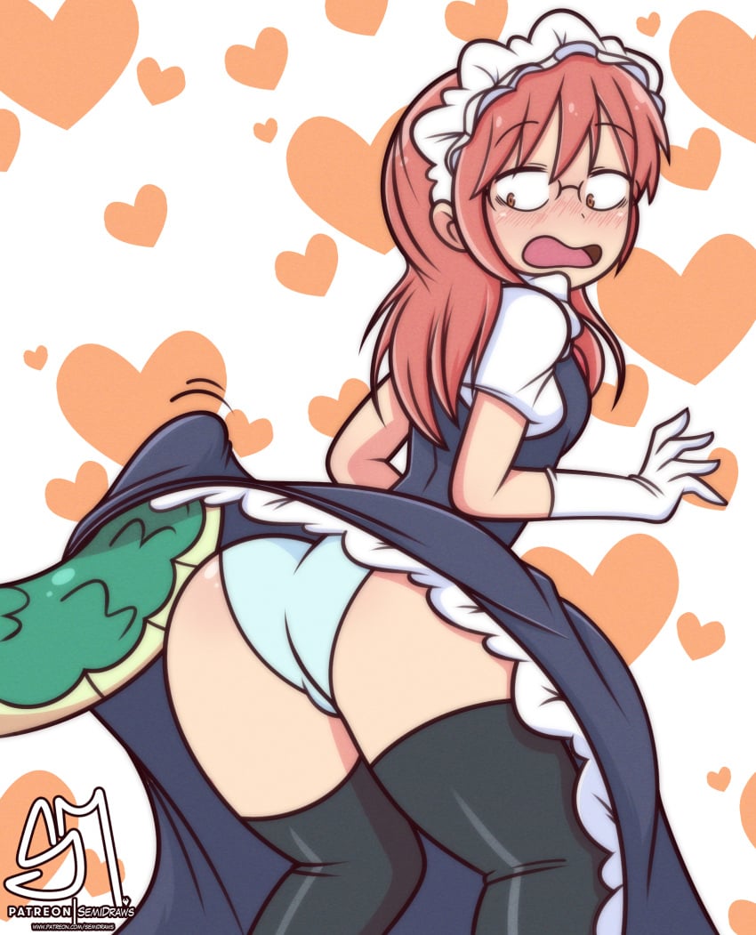 2girls ass black_legwear black_thighhighs blush dress dress_lift female glasses gloves kobayashi looking_back maid_headdress medium_hair miss_kobayashi's_dragon_maid orange_eyes panties red_hair semidraws sideboob simple_background small_breasts solo stockings surprised tail thighhighs tohru_(dragon_maid) tohru_(dragon_maid)_(cosplay) underwear white_gloves