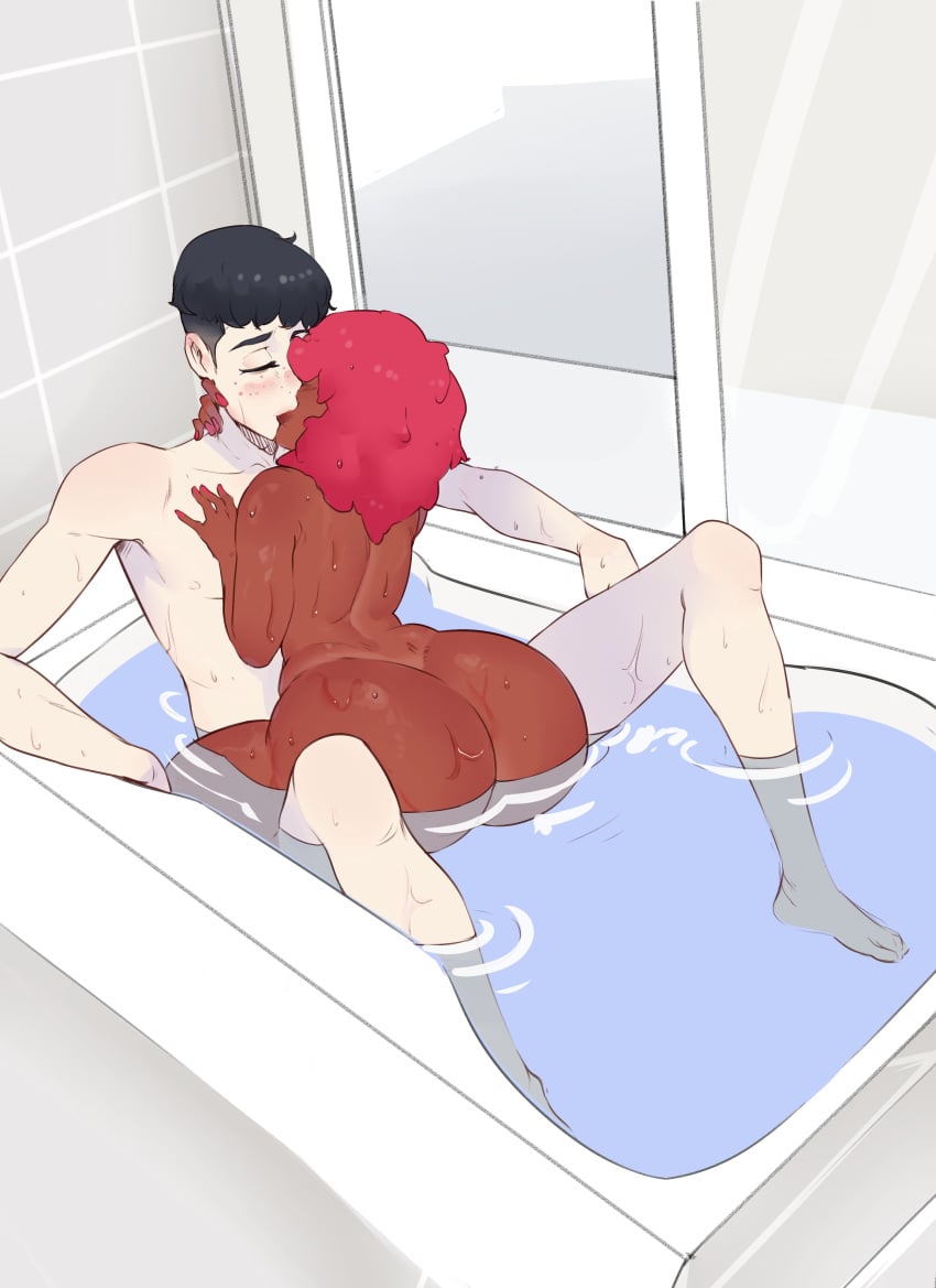 1boy 1girls ass bathroom bathtub big_ass breasts closed_eyes comic crystal_(inoiiying) curvy hi_res huge_ass illboxart imminent_sex interracial kissing light-skinned_male light_skin medium_breasts nude original pink_hair short_hair sideboob simple_background spread_legs sweat wide_hips