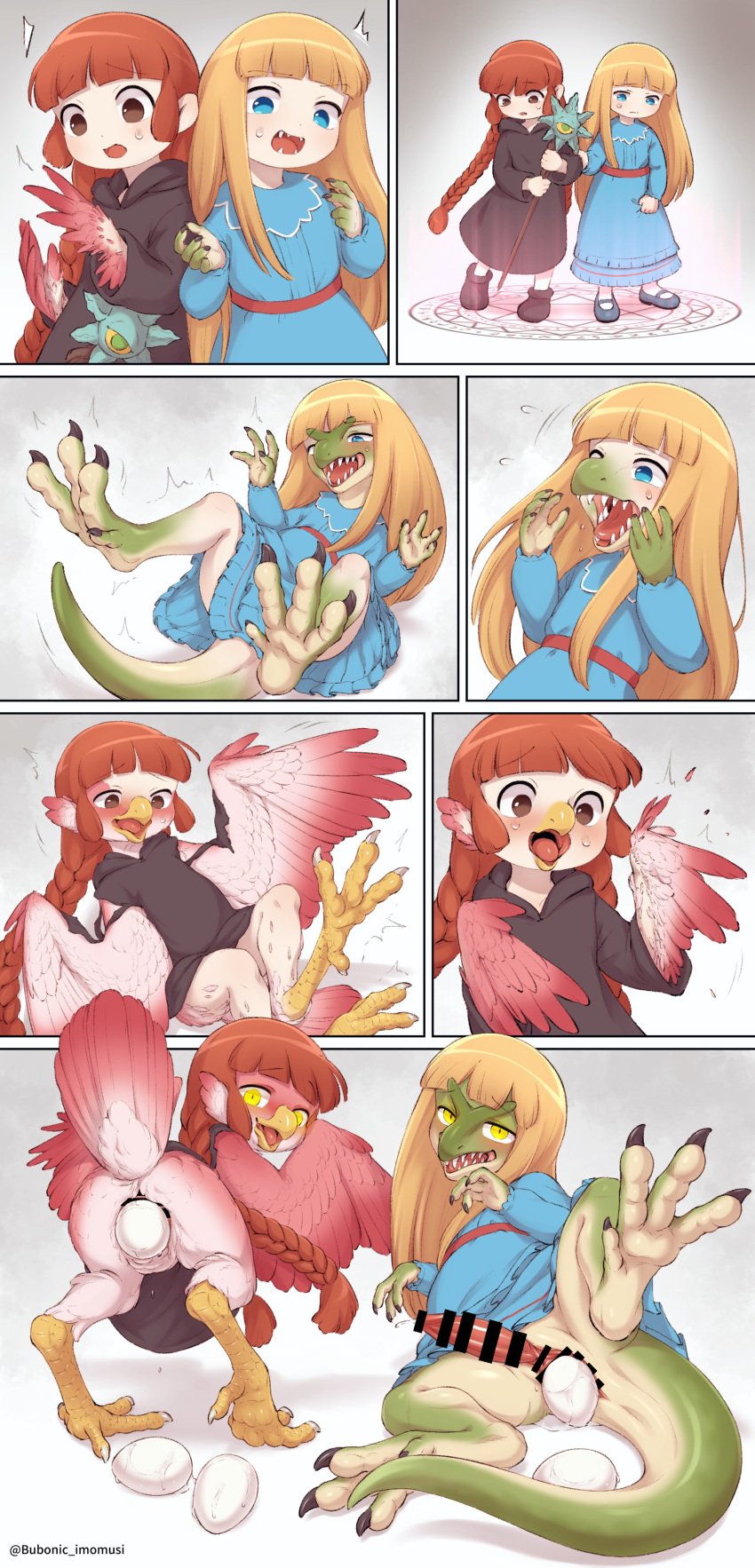 1futa 2girls absurd_res animal_genitalia anthro avian beak beak_growth bird blonde_hair blue_eyes blush breasts brown_eyes brown_hair bubonikku censor_bar censored claws cloaca clothed clothing colored comic dinosaur duo egg egg_laying feather_growth feathered_wings feathers female fti_transformation futanari futanari_transformation gender_transformation genital_growth genitals growth hair herm hermaphrodite hi_res human intersex lizard looking_at_viewer mammal multi_genitalia partially_clothed penis penis_growth pussy red_body red_feathers reptile scalie species_transformation transformation transformation_sequence wings yellow_eyes