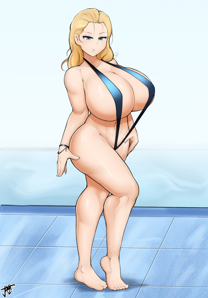 1girls big_breasts blonde_hair blue_eyes_(manga) breasts cecilia_misono female female_focus female_only huge_breasts jmvmaa long_hair micro_bikini sling_bikini solo standing thick_thighs thighs voluptuous wide_hips