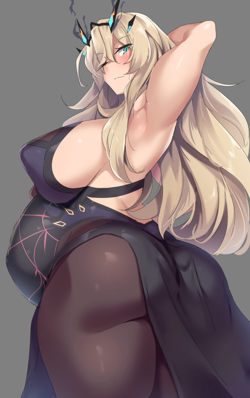 1girls aqua_eyes arm_up armpit barghest_(gawain)_(fate) big_ass big_breasts black_dress blonde_hair blue_eyes blush fate/grand_order fate_(series) female female_only fully_clothed huge_breasts kuronyan long_hair looking_at_viewer looking_back low-angle_view pantyhose pregnant rear_view side_slit sideboob solo sweatdrop thick_thighs