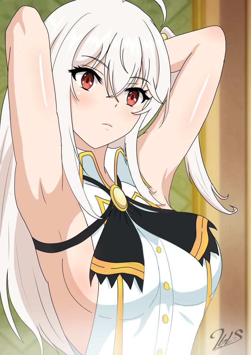 1girls armpits arms_behind_head arms_up artist_name breasts female female_only long_hair medium_breasts ninym_ralei pose posing red_eyes sensual sexy_armpits side_ponytail sideboob tensai_ouji_no_akaji_kokka_saiseijutsu white_hair