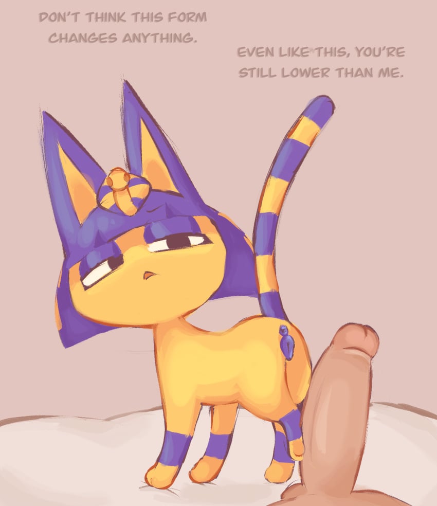 a_cat_is_fine_too animal_crossing animal_genitalia animal_pussy ankha ankha_(animal_crossing) bed domestic_cat duo english english_text felid feline felis female feral feralized first_person_view footjob fur furniture genitals half-closed_eyes hi_res human humanoid_genitalia humanoid_penis labbit1337 looking_at_viewer male male/female male_pov mammal narrowed_eyes nintendo on_bed penis pussy text video_games yellow_body yellow_fur zoophilia