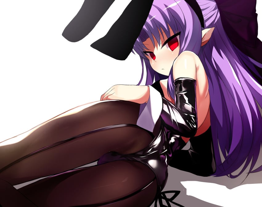 bunny_ears bunnysuit detached_sleeves female female_only hair_ribbon hairbow kagetsu_tohya latex lavender_hair len len_(tsukihime) long_hair looking_at_viewer looking_back melty_blood on_side pantyhose pointy_ears red_eyes shimeji_nameko solo succubus thigh_gap tsukihime type-moon wrist_cuffs