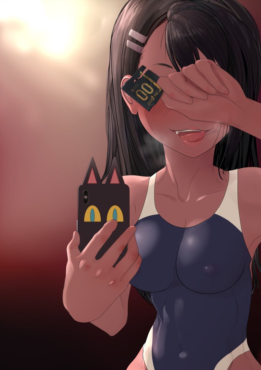 1girls black_hair blush breasts brown_eyes clothed clothing condom earrings female_focus female_only hayase_nagatoro hi_res long_hair looking_at_viewer please_don't_bully_me,_nagatoro pose revealing_clothes selfie simple_background small_breasts smile solo swimsuit tan tanned yomigaeru