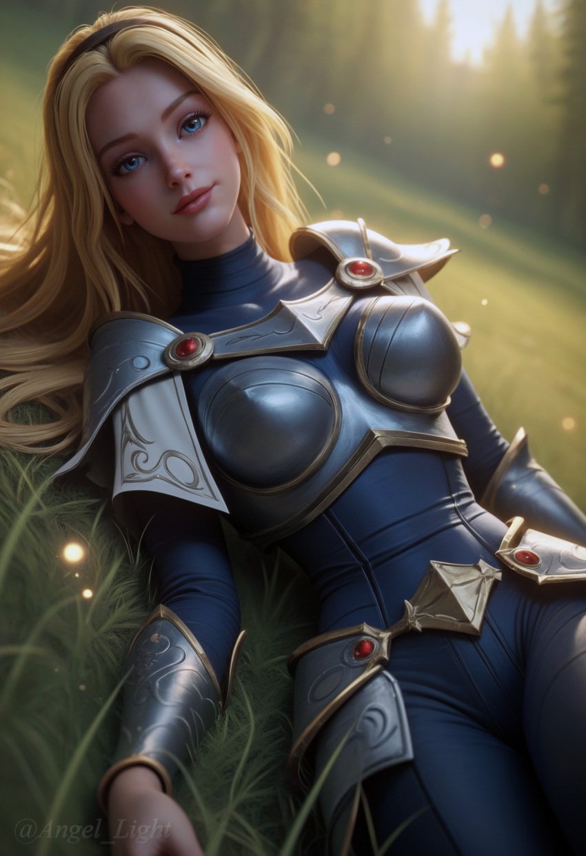 1girls ai_generated angel_light angel_light_(artist) armor blonde_hair blue_eyes headband league_of_legends lux luxanna_crownguard on_grass