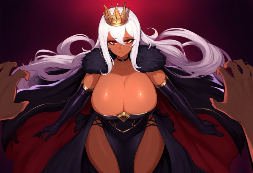 1boy ai_generated black_dress crown curvaceous curvy dark-skinned_female dark_skin elbow_gloves evil female huge_breasts hypothetical imu_(one_piece) long_hair looking_at_viewer male mature_female milf mullon novelai one_piece pelvic_curtain red_eyes voluptuous voluptuous_female white_hair