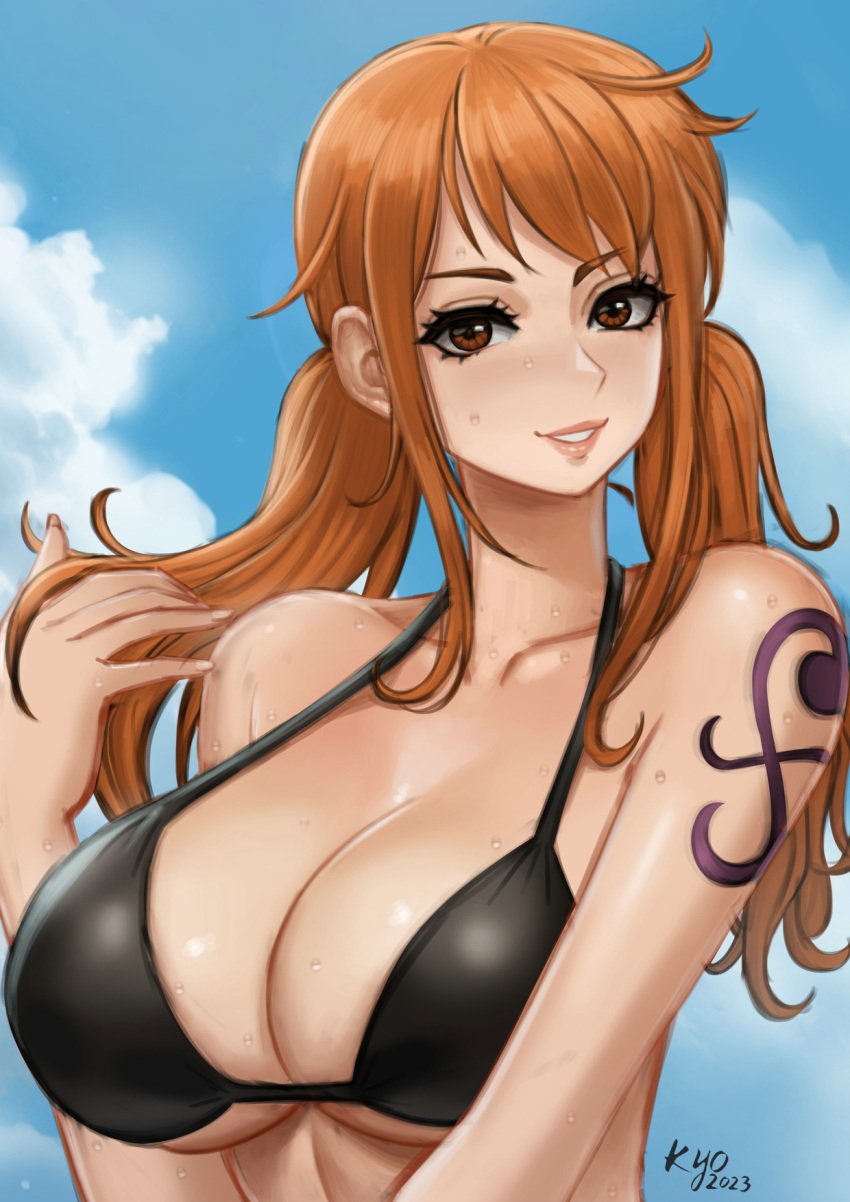 breasts female female_only kyopink lipstick looking_at_viewer nami nami_(one_piece) one_eye_closed one_piece orange_eyes orange_hair post-timeskip solo