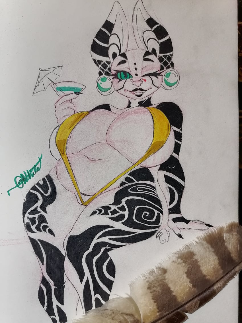 absurd_res anthro big_breasts black_lips body_tattoo breasts bridge_piercing container crowhite cup domestic_cat drinking_glass facial_piercing felid feline felis female glass glass_container glass_cup golden_bikini green_eyes hairless hairless_cat hi_res ixchel_(charliecorvinus) lips looking_at_viewer magic_user mammal navel nose_piercing one_eye_closed open_mouth piercing sitting skimpy_bikini slightly_chubby slightly_chubby_female solo sphynx_(cat) tribal_spellcaster umbrella_drink wide_hips wine_glass wink