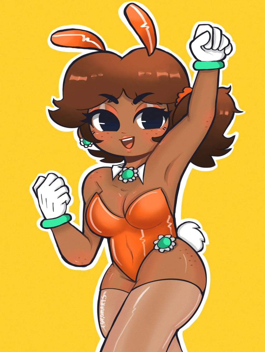 1girls artist_name brown_hair bunny_ears bunny_tail bunnysuit cdromarts dark-skinned_female dark_skin earrings female gloves mario_(series) nintendo orange_eyeshadow princess_daisy tan_skin thighhighs